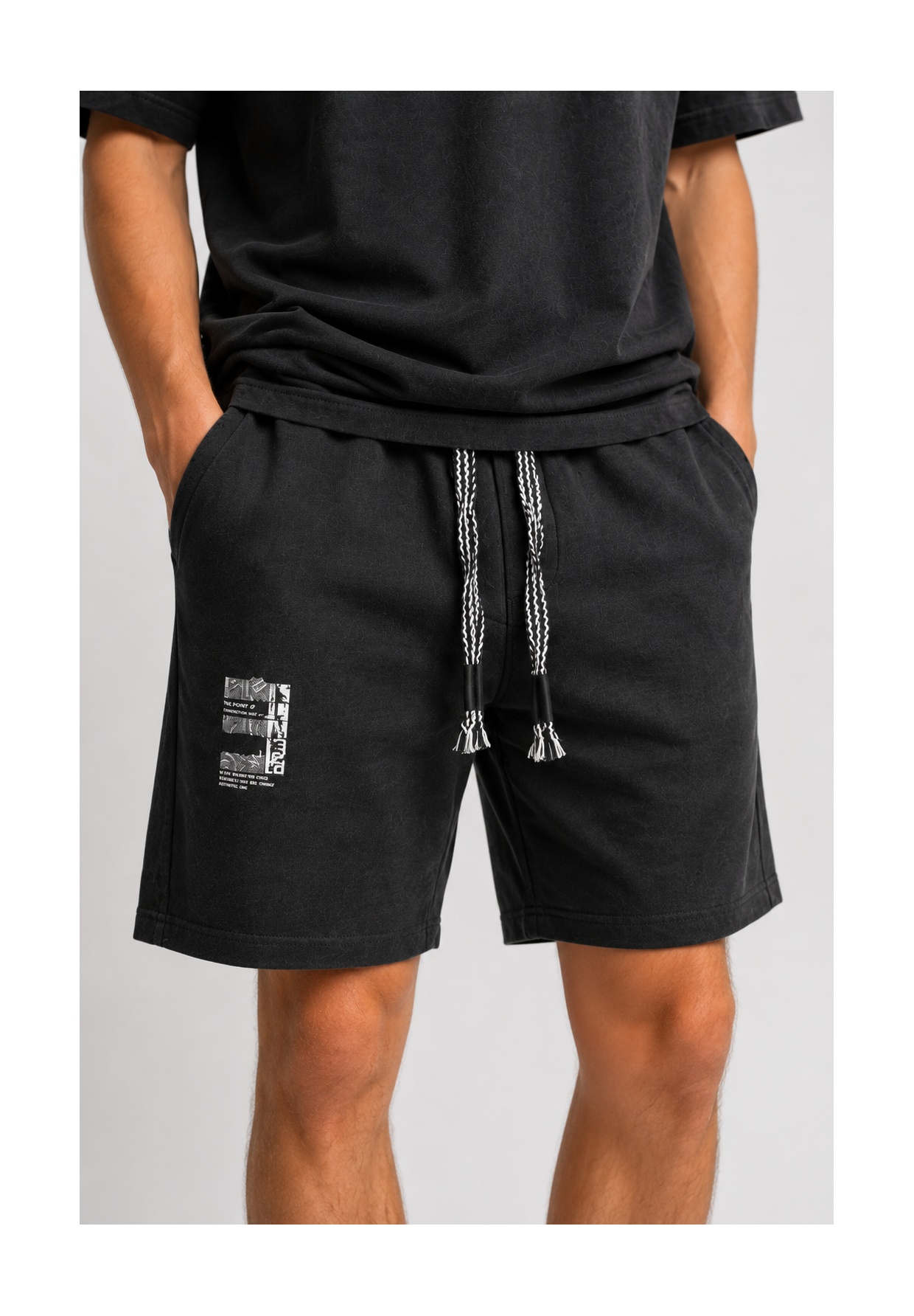 Komplet Męski T-Shirt Szorty Dresowe Casual Letni Zestaw Bawełniany Czarny