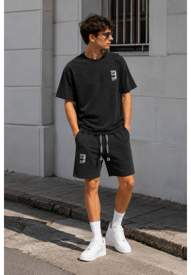 Komplet Męski T-Shirt Szorty Dresowe Casual Letni Zestaw Bawełniany Czarny