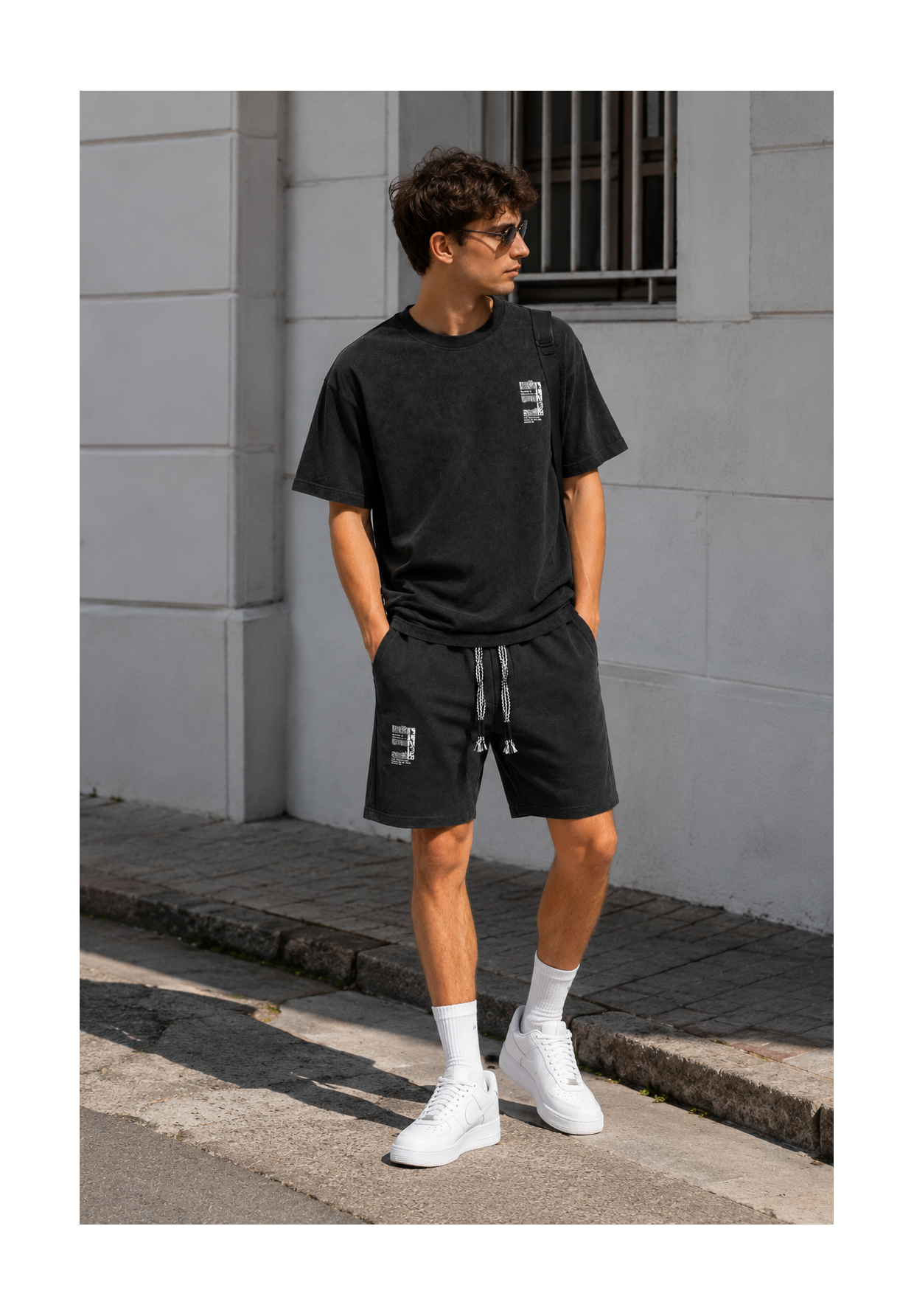 Komplet Męski T-Shirt Szorty Dresowe Casual Letni Zestaw Bawełniany Czarny
