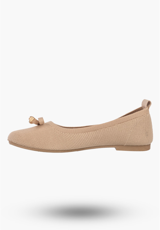 Baleriny Damskie Buty Z Kokardką Płaski Obcas Materiałowe Lekkie Beżowe