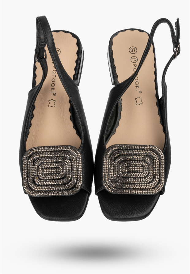 Sandały Damskie Buty Eleganckie Z Ozdobą Skórzana Wkładka Czarne POTOCKI