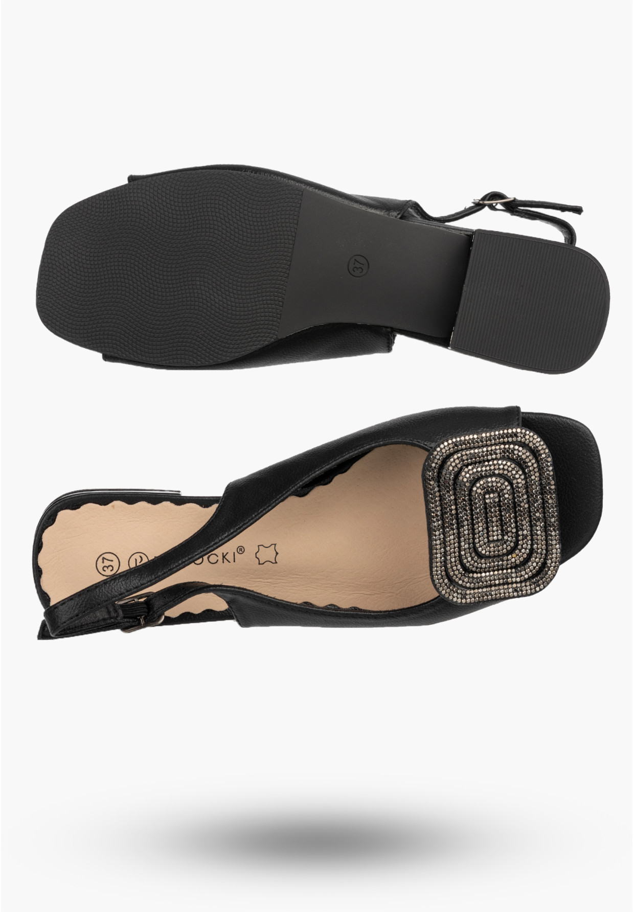 Sandały Damskie Buty Eleganckie Z Ozdobą Skórzana Wkładka Czarne POTOCKI