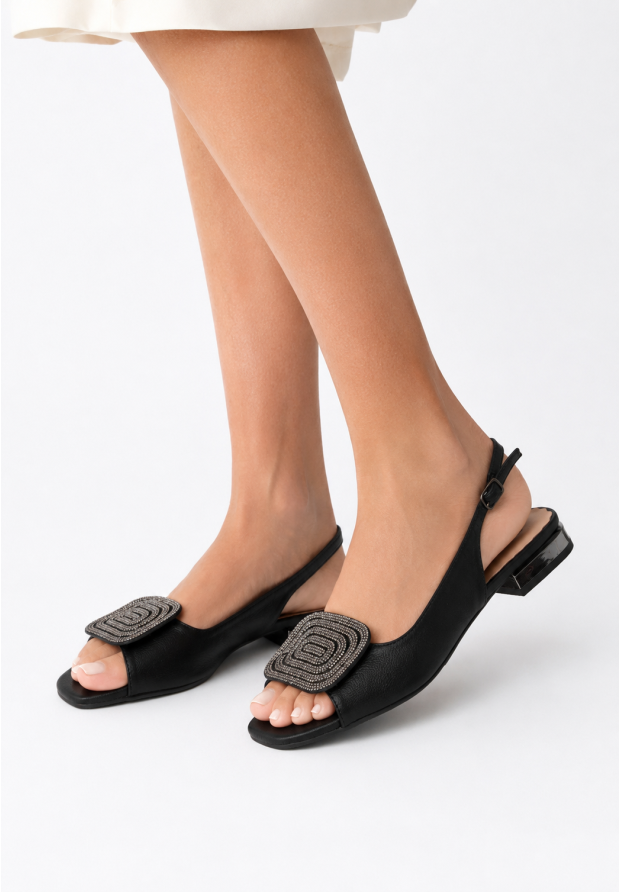 Sandały Damskie Buty Eleganckie Z Ozdobą Skórzana Wkładka Czarne POTOCKI
