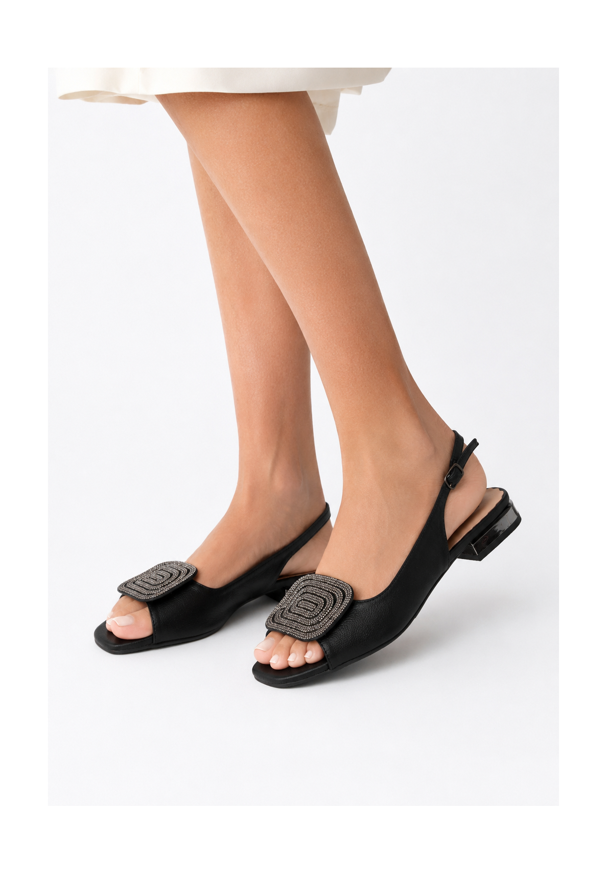 Sandały Damskie Buty Eleganckie Z Ozdobą Skórzana Wkładka Czarne POTOCKI
