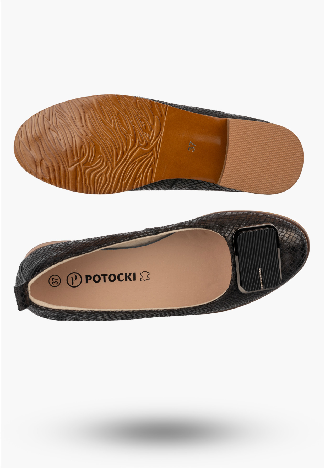 Półbuty Damskie Skórzane Buty Eleganckie Niski Obcas Czarne Potocki