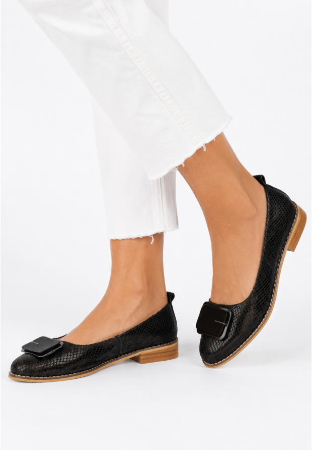 Półbuty Damskie Skórzane Buty Eleganckie Niski Obcas Czarne Potocki