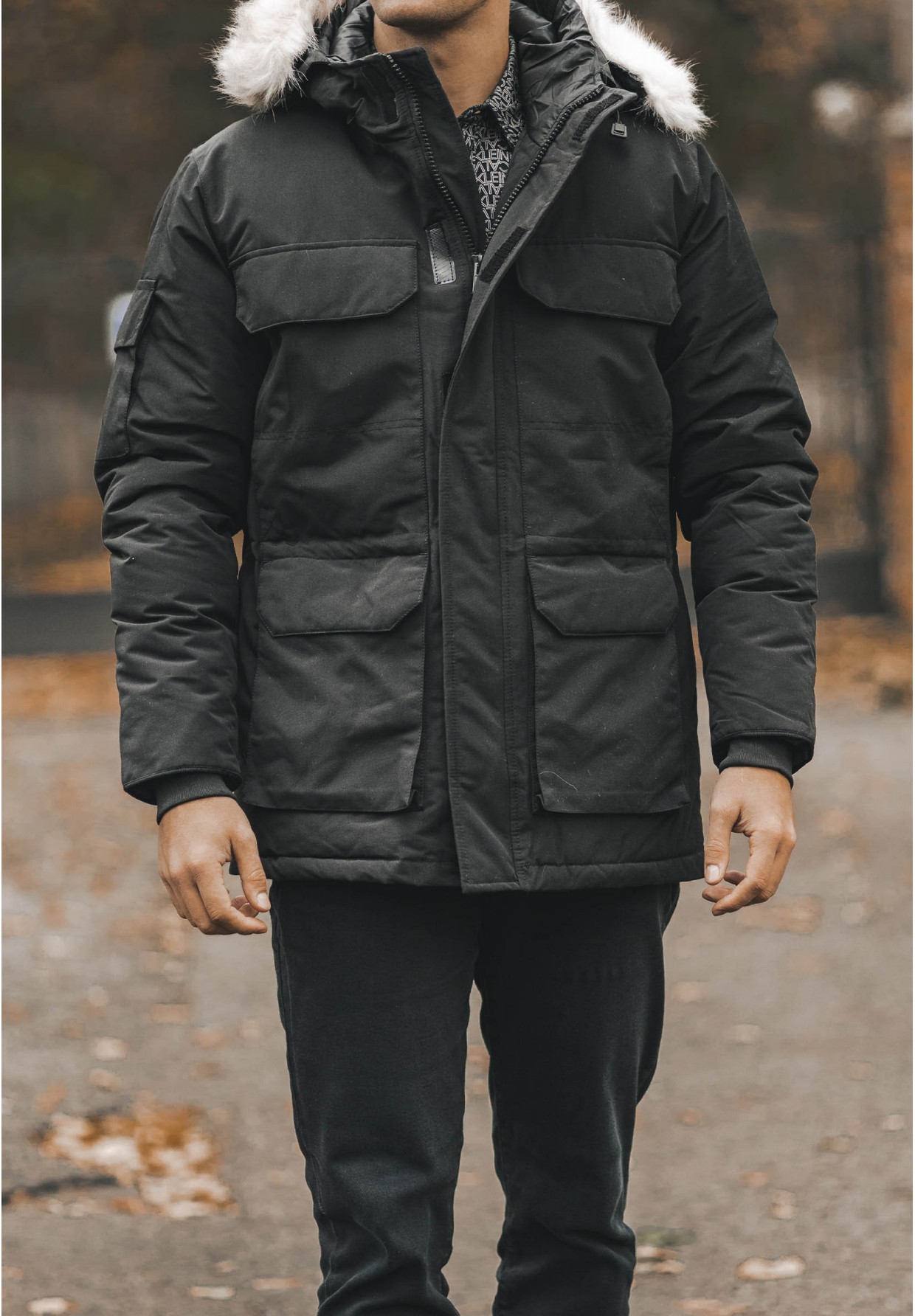 Kurtka Męska Długa Parka Czarna Elegancka
