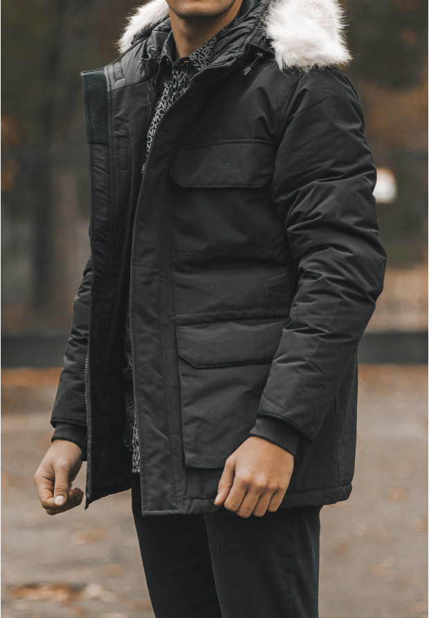Kurtka Męska Długa Parka Czarna Elegancka