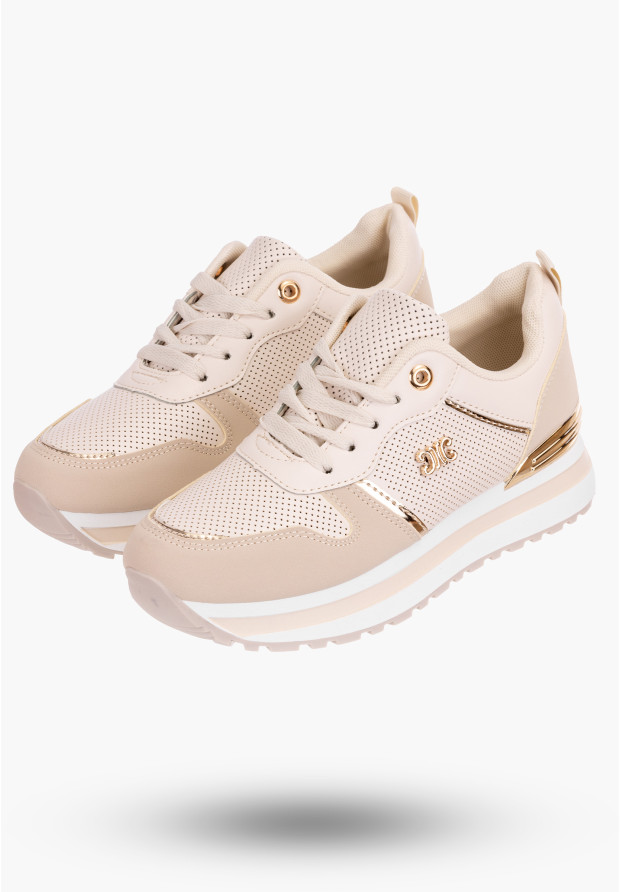 Sneakersy Damskie Beżowe Buty Ekoskóra Sportowe