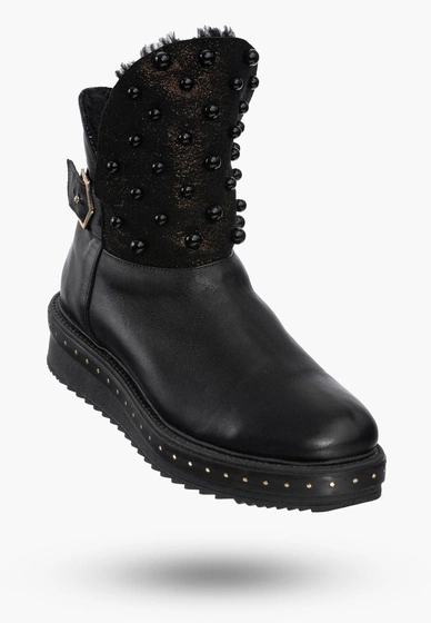 Buty Damskie Botki Czarne Skórzane Z Ozdobnymi Aplikacjami Na Zimę 272/1