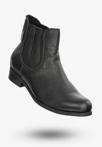 Buty Damskie Botki Ze Skóry Naturalnej Na Płaskim Obcasie Na Zimę Czarne 0139