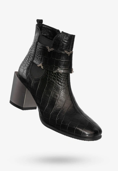 Buty Damskie Botki Skórzane Na Klocku Na Zimę Ocieplane Czarne 610