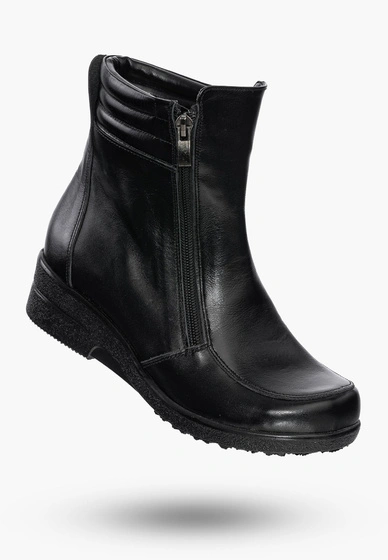 Buty Damskie Botki Skórzane Czarne Ocieplane Na Koturnie Na Zimę 204