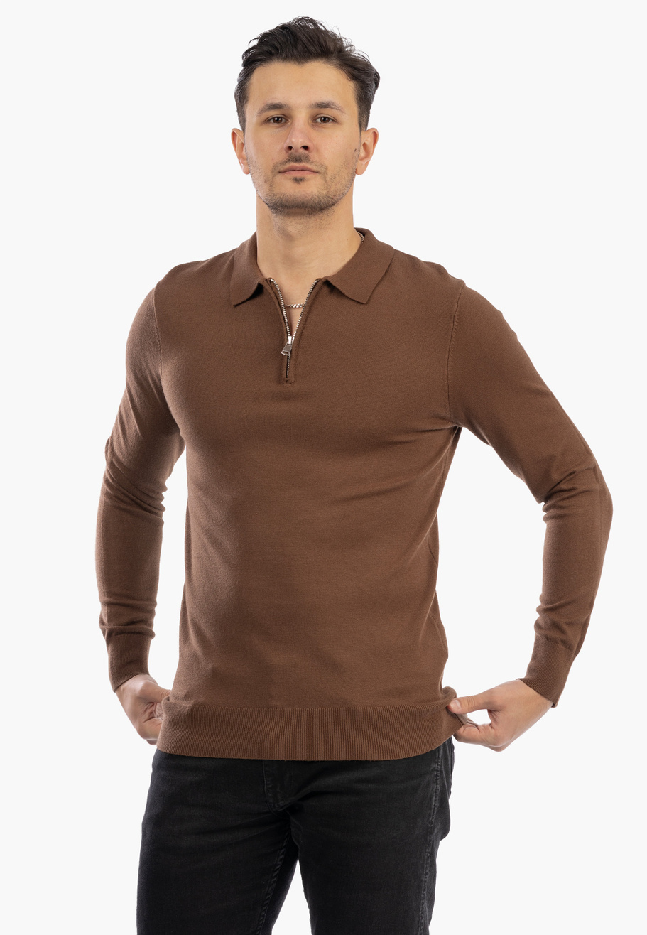 Sweter Męski Z Kołnierzem Elegancki Dopasowany Klasyczny Z Zamkiem Brązowy