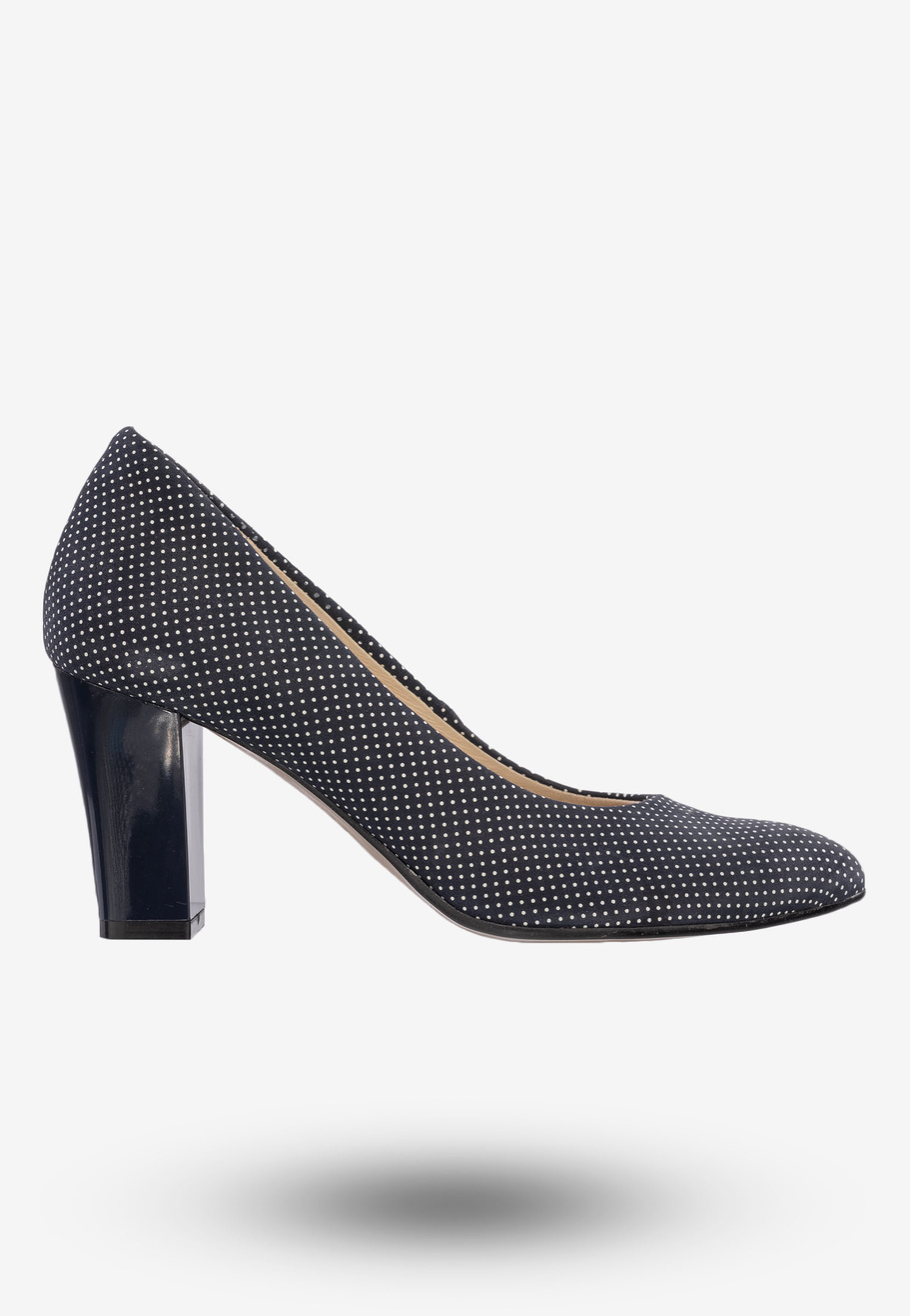 Czółenka Damskie Buty Skórzane Na Słupku Granatowe W Kropki Pulso AF-305G