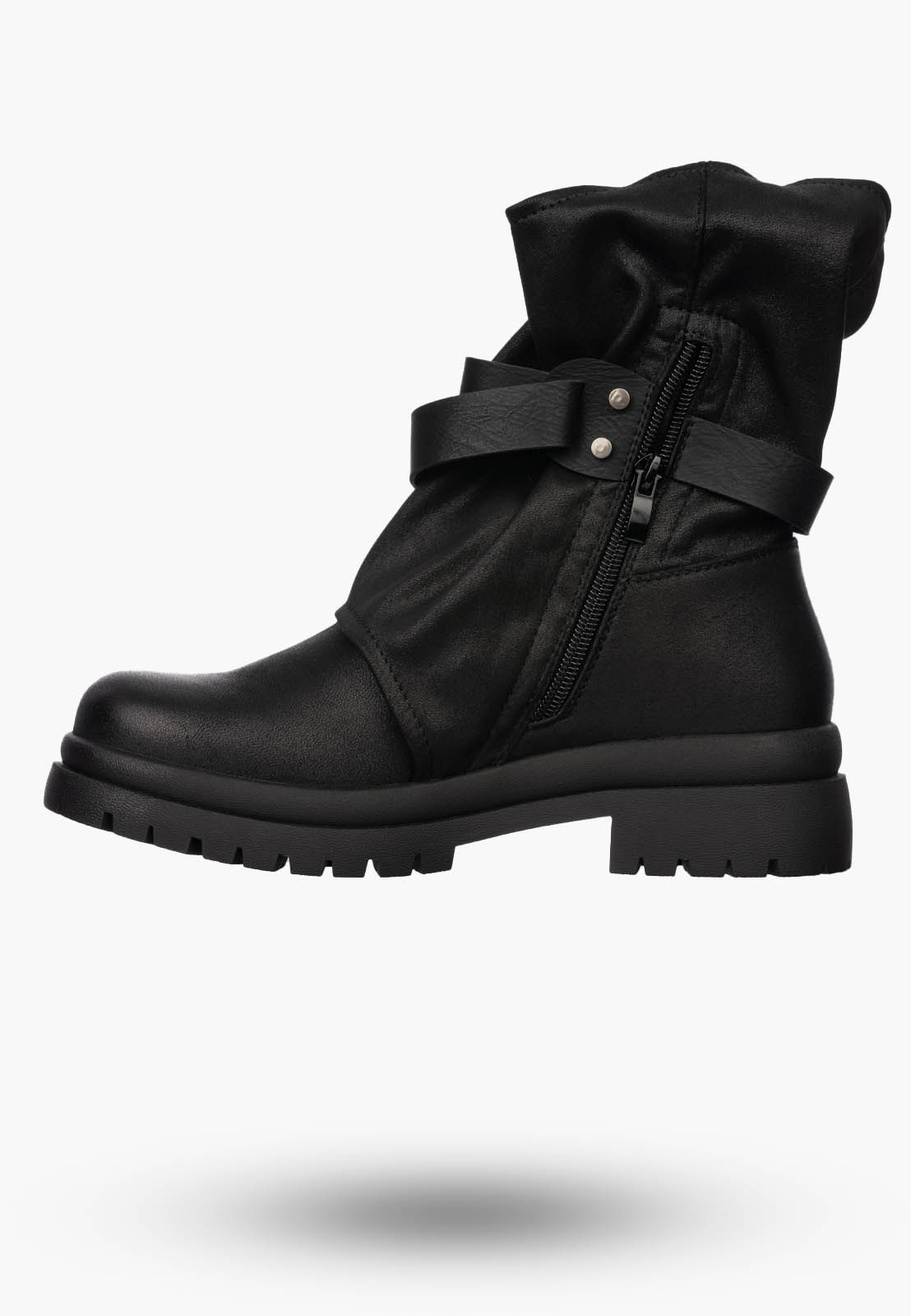 Botki Damskie Ekoskóra Buty Z Paskami Ocieplane Casual Czarne