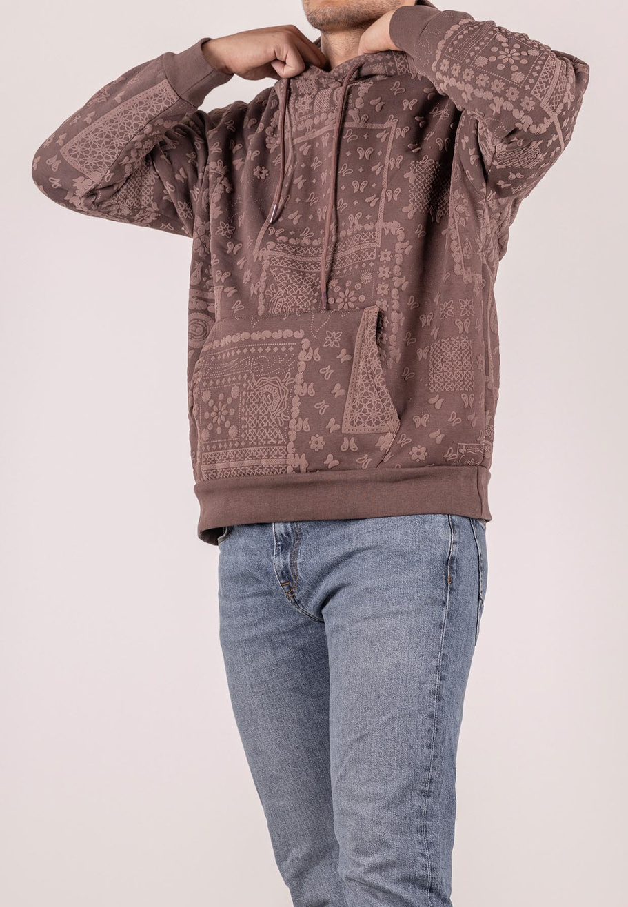 Bluza męska oversize ocieplana z kapturem paisley brązowa