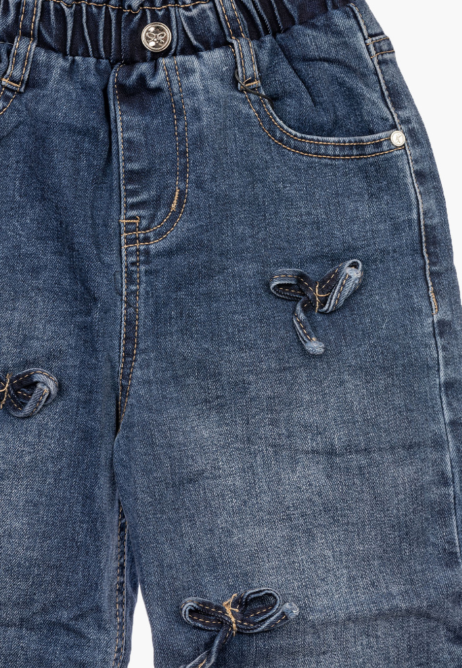 Jeansy Dziewczęce Szerokie z Kokardkami Wysoki Stan Denim Niebieskie