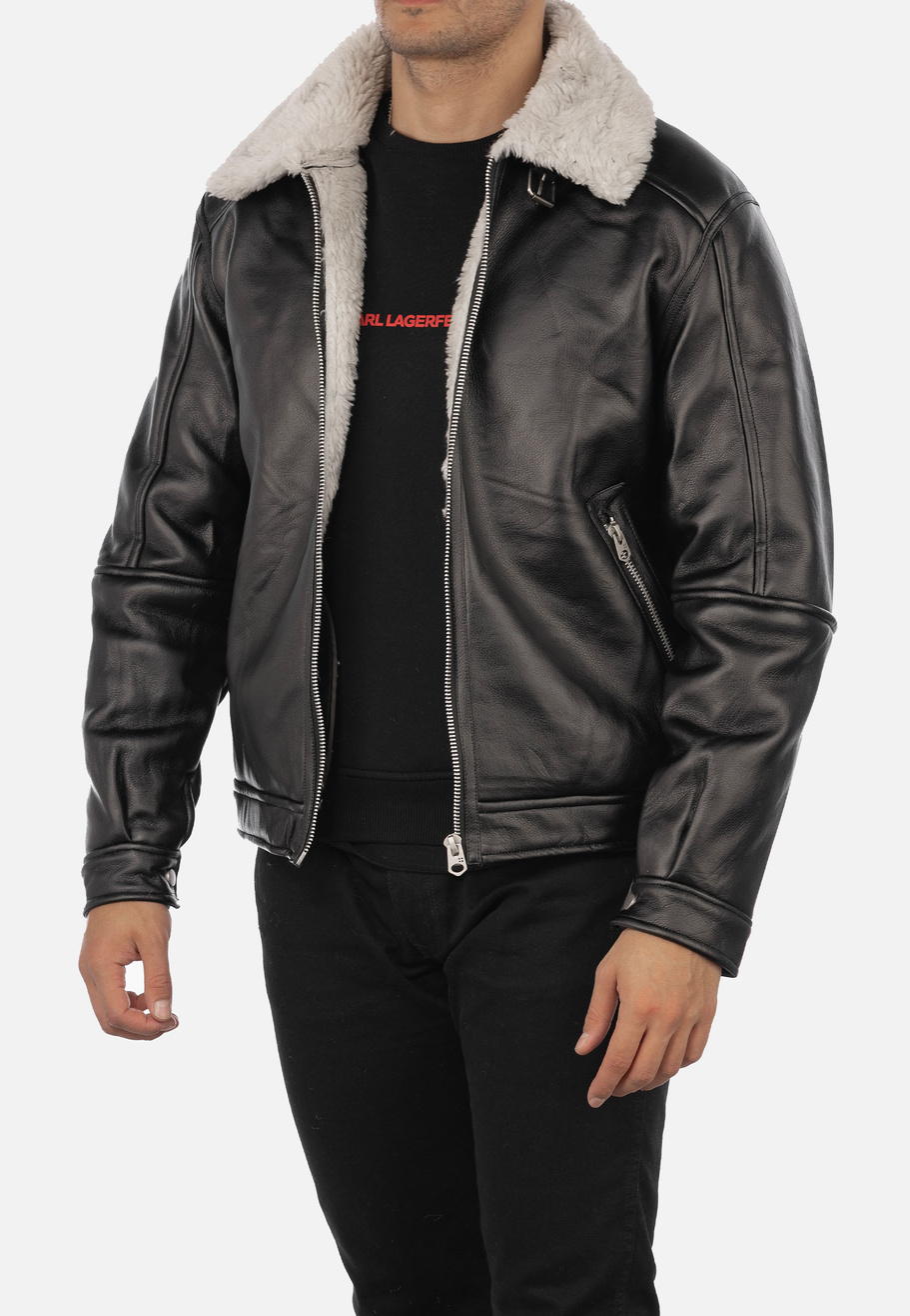 Kożuch Męski Kurtka Czarna Pilotka z białym kołnierzem Slim Fit 15-K-2024