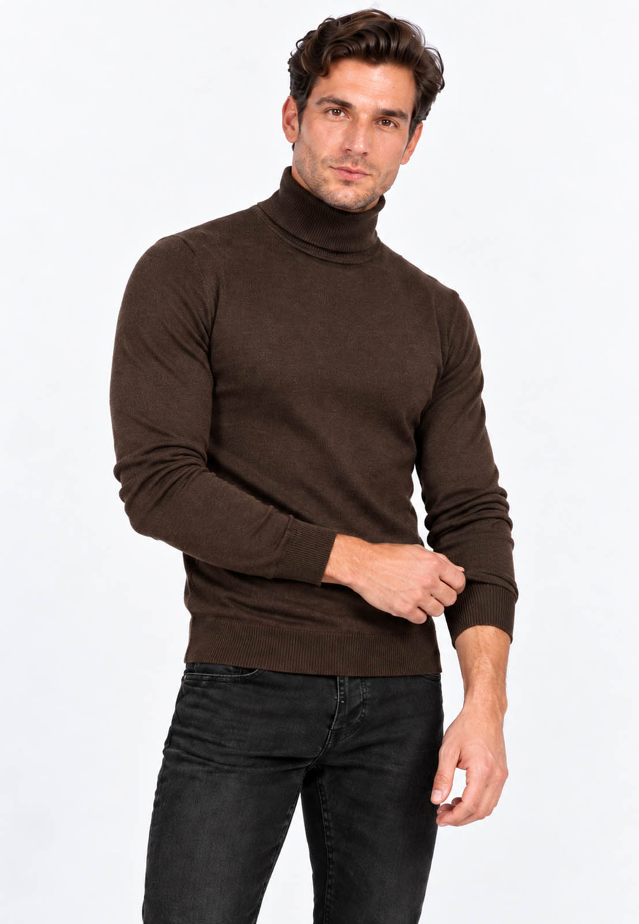 Golf Męski Elegancki Sweter Slim Fit Dopasowany Klasyczny Brązowy