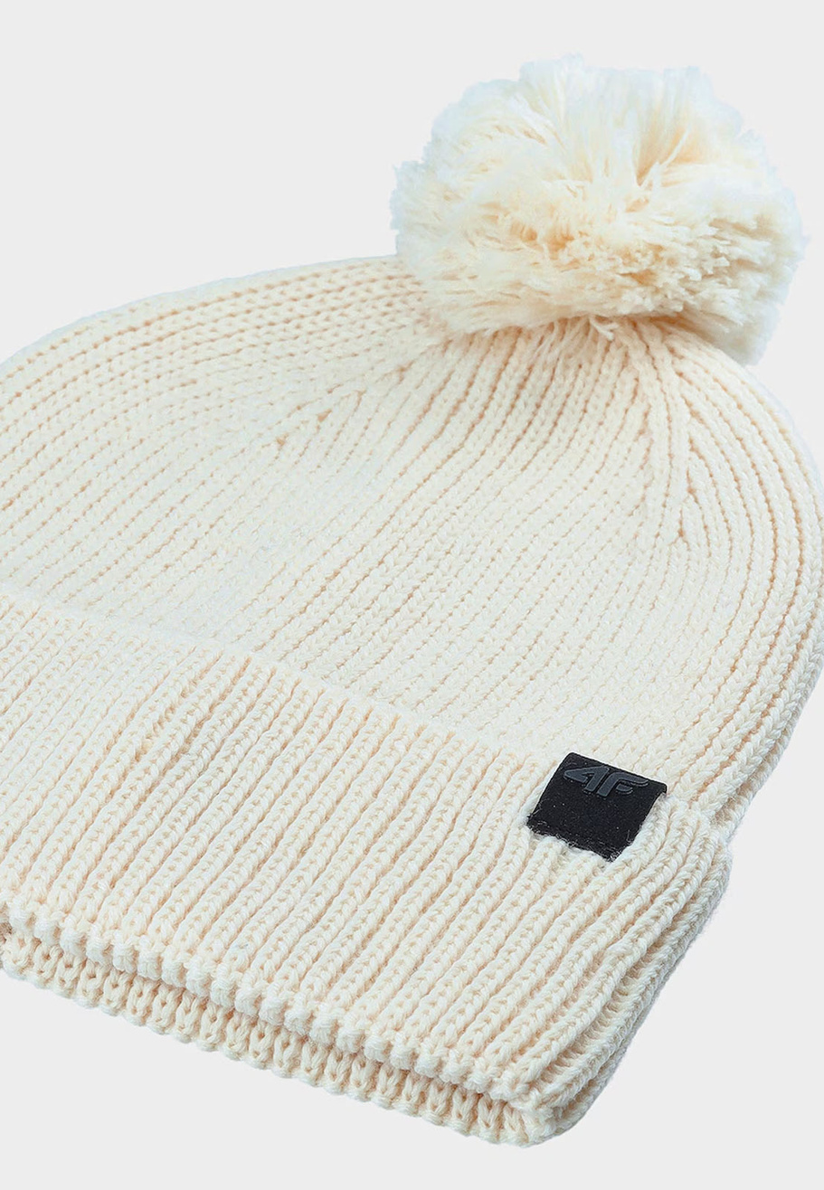 Czapka Uniseks 4F Sportowa Zimowa Beanie Dzianinowa Z Pomponem Kremowa 4FWAW24ACAPU472