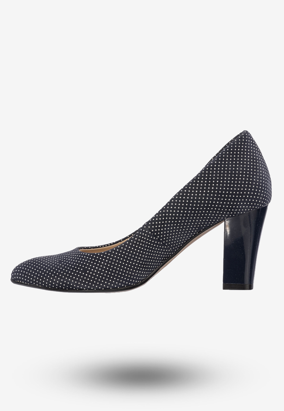 Czółenka Damskie Buty Skórzane Na Słupku Granatowe W Kropki Pulso AF-305G