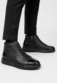 Trzewiki Skórzane Męskie Buty Sneakersy Wysokie PREMIUM SOLE Czarne