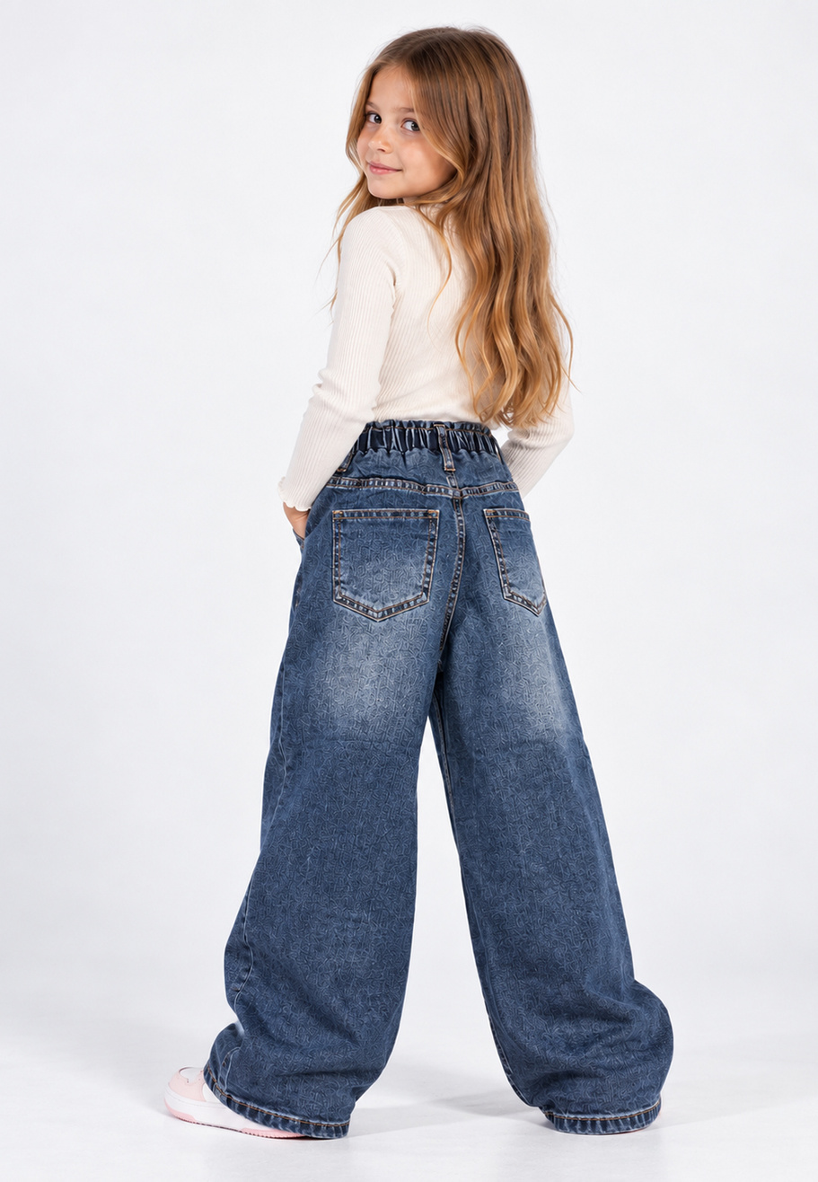 Jeansy Dziewczęce Szerokie z Kokardkami Wysoki Stan Denim Niebieskie