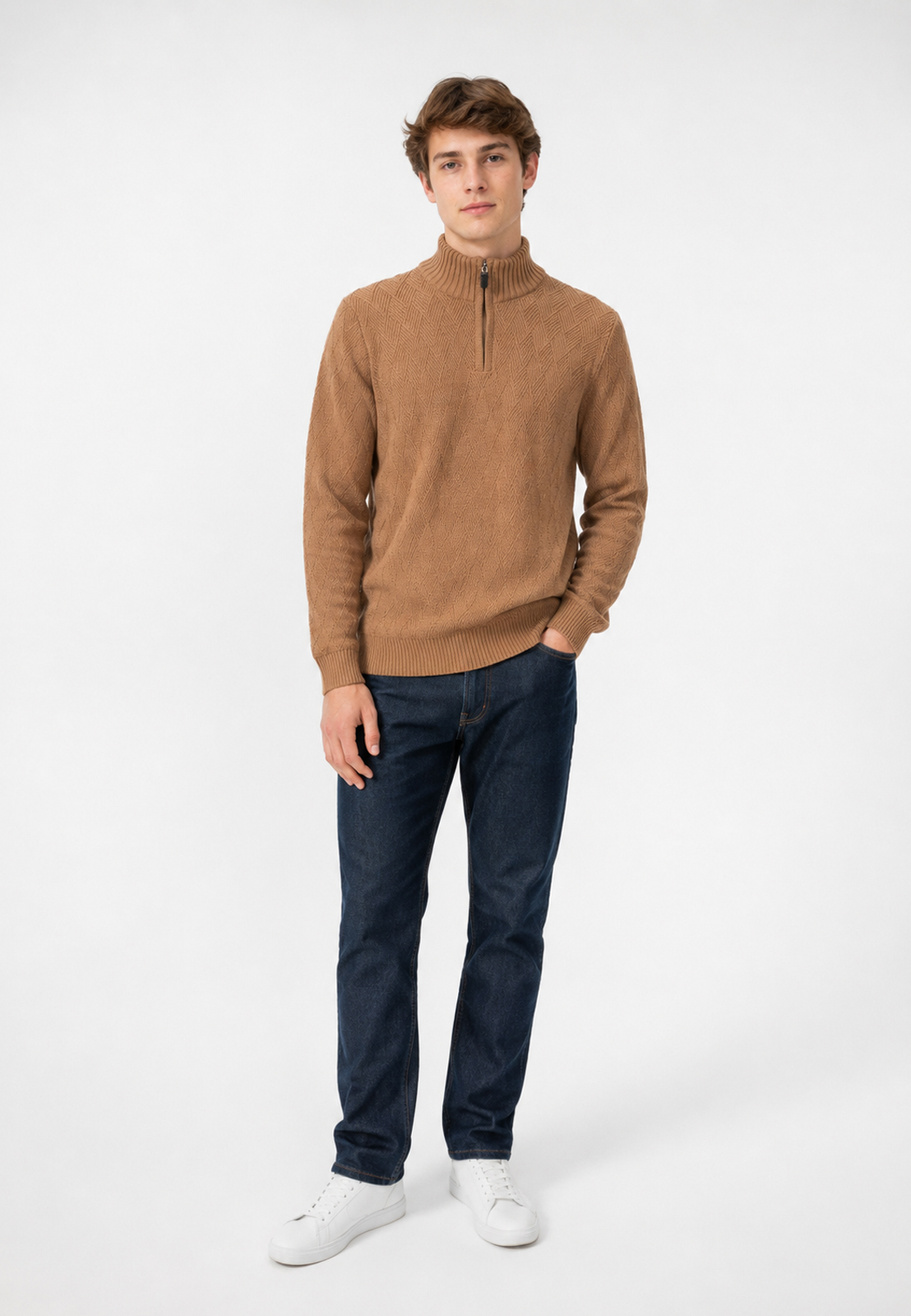 Sweter Męski Ze Stójką i zamkiem Bawełniany Klasyczny Ciepły Camel