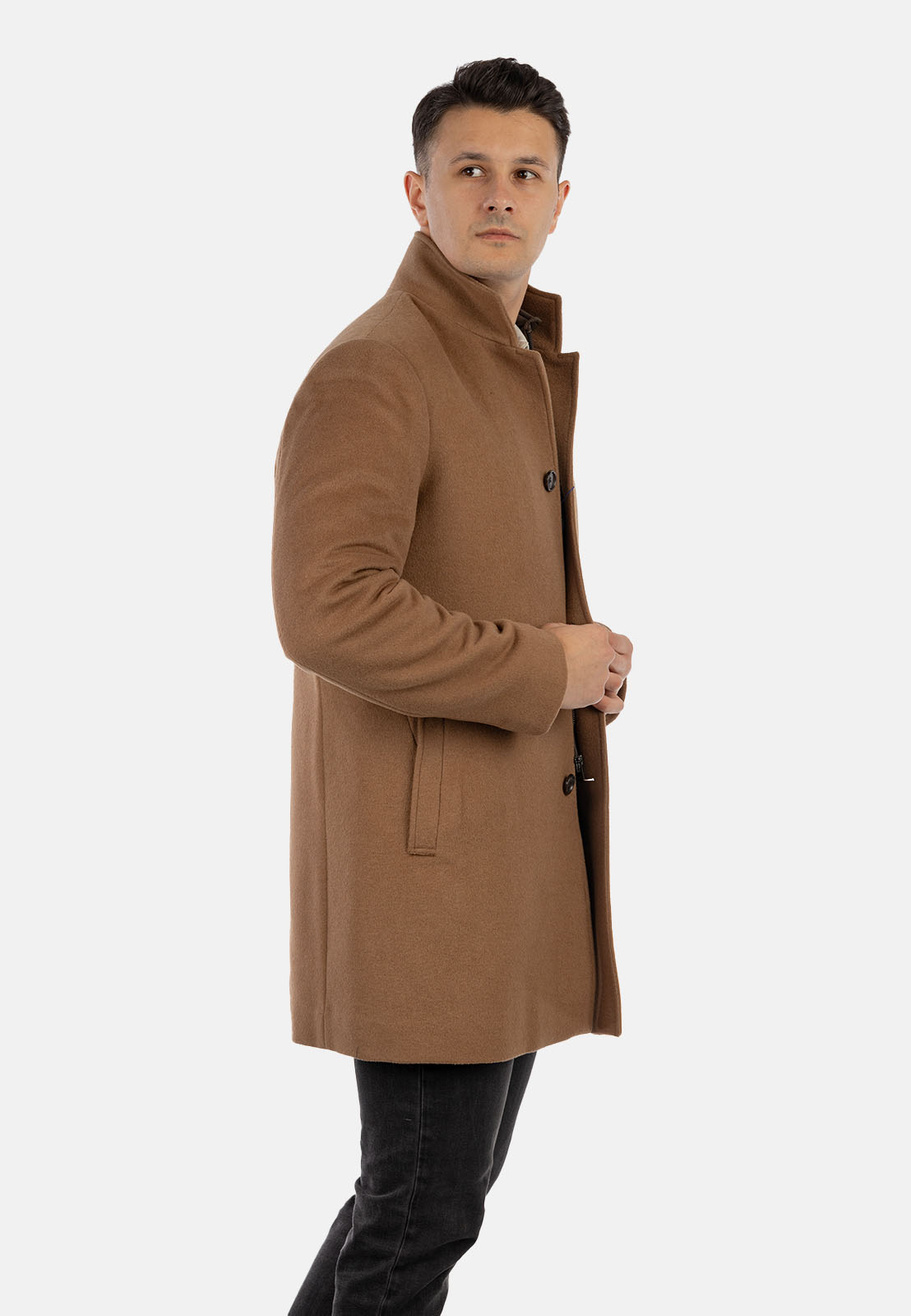 Płaszcz Męski Jednorzędowy Wełniany Z Odpinaną Stójką Elegancki Camel