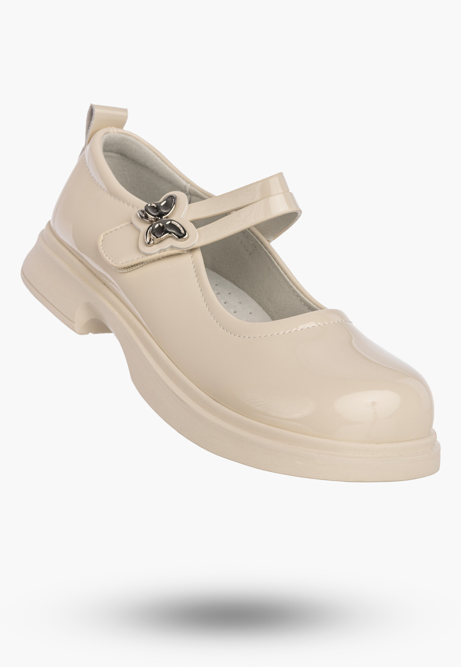 Półbuty Dziewczęce Na Rzepy Buty Eleganckie Skórzana Wkładka Beżowe APAWWA B1601P