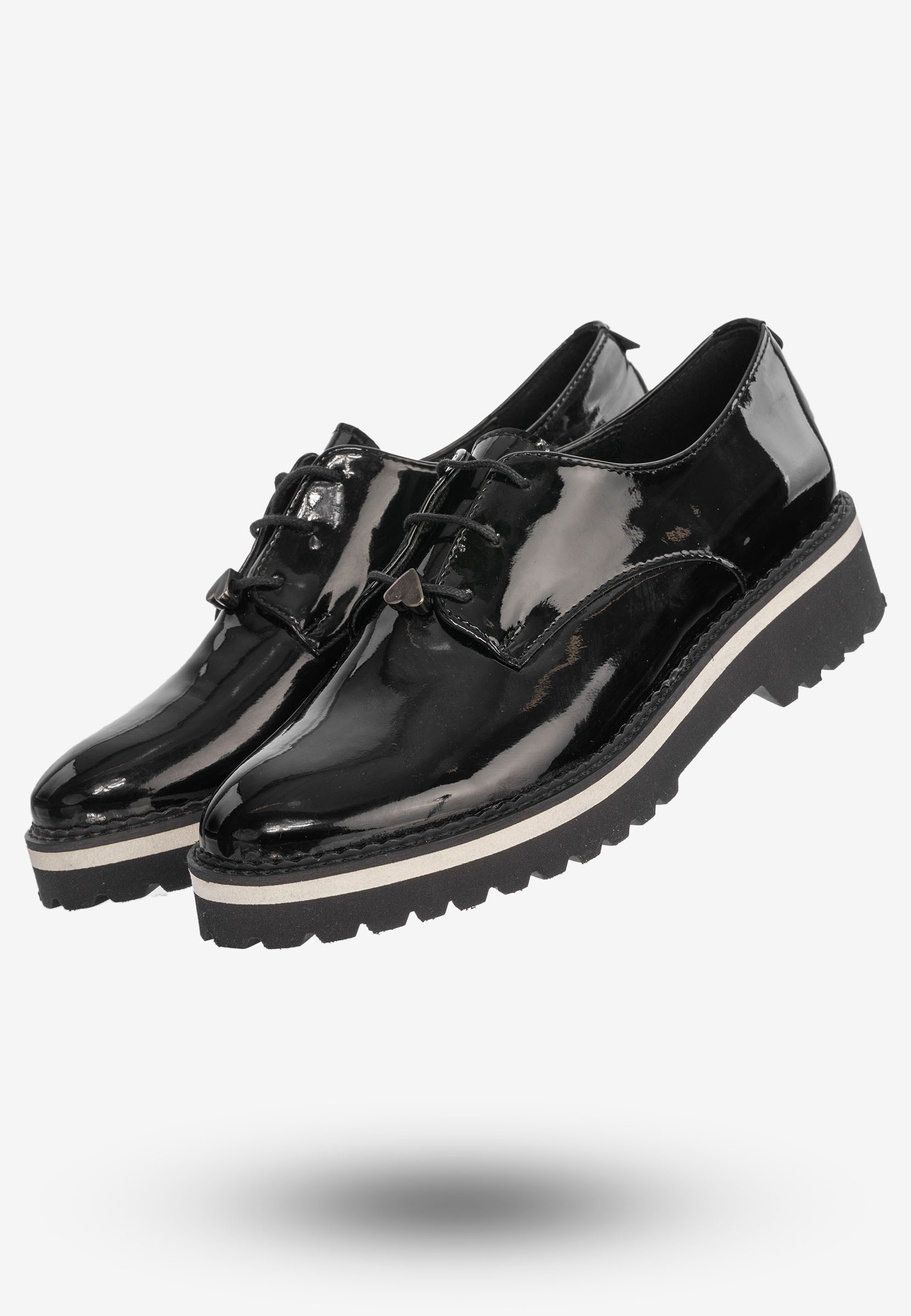 Półbuty Buty Damskie Skórzane Eleganckie Czarne Lakierowane 3519/090-P