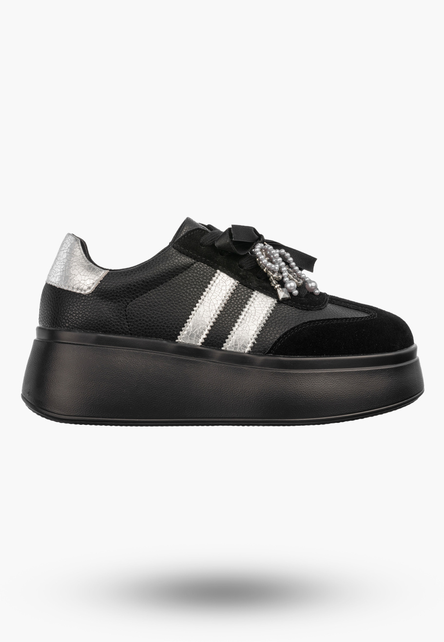 Sneakersy Damskie Skórzane Półbuty Buty Na Platformie Czarne D&A