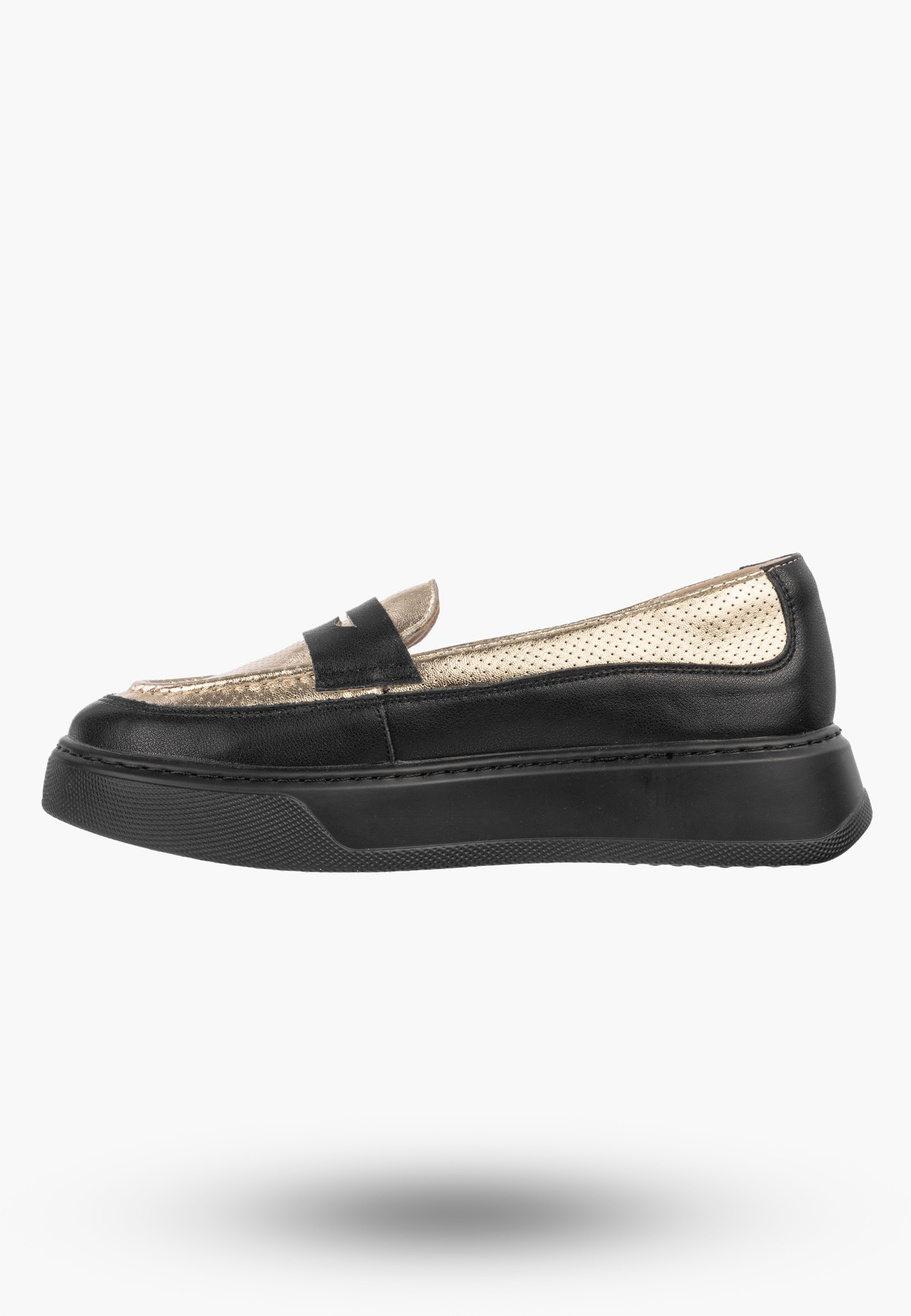 Półbuty Damskie Skórzane Buty Loafersy Platforma Czarne Cambell