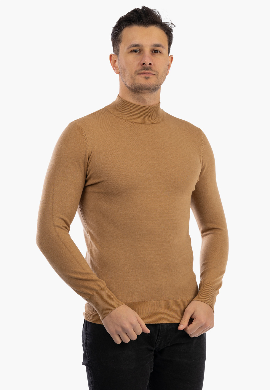 Sweter Męski Półgolf Elegancki Dopasowany Klasyczny Camel