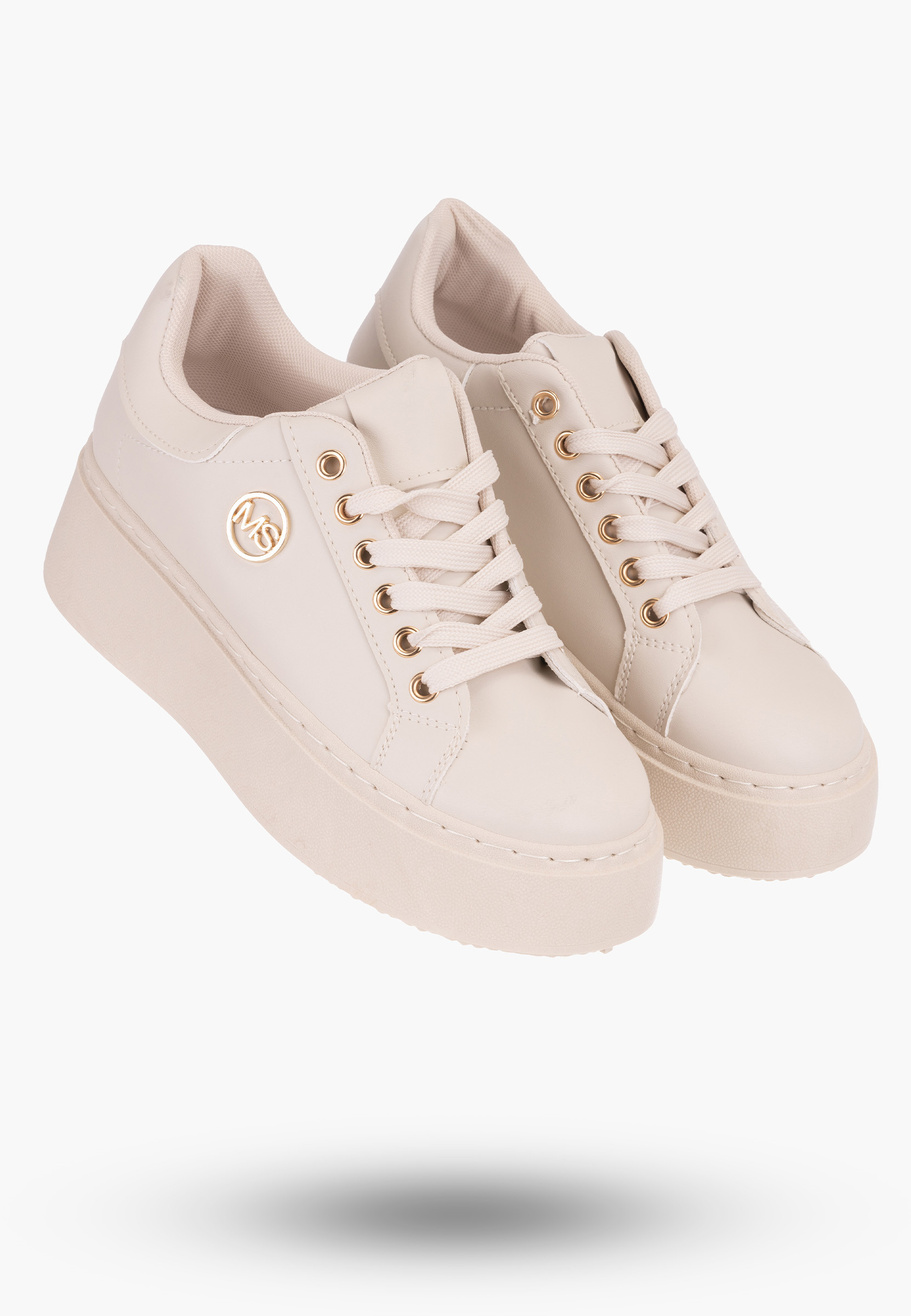 Sneakersy Damskie Beżowe na wysokie podeszwie z subtelną ozdobą