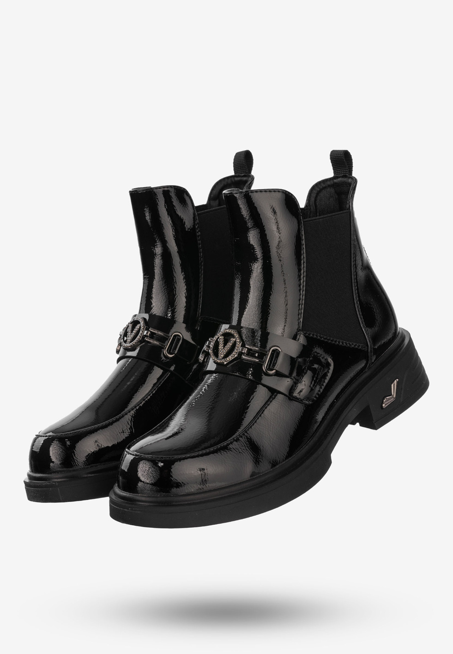 Buty Damskie Botki Ekoskóra Na Zimę Ocieplane Lakierowane Czarne Potocki 24-12542BKP