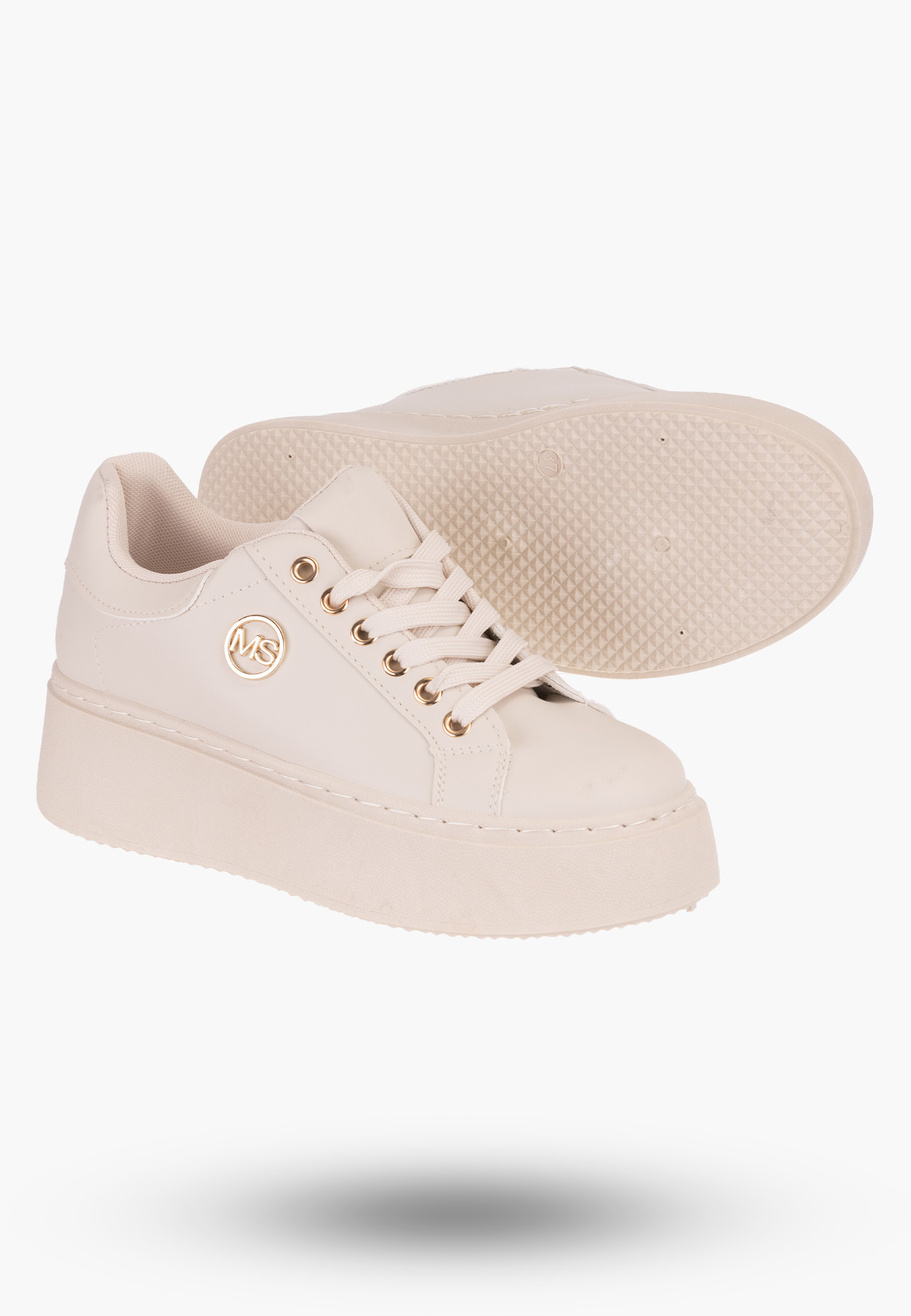 Sneakersy Damskie Beżowe na wysokie podeszwie z subtelną ozdobą
