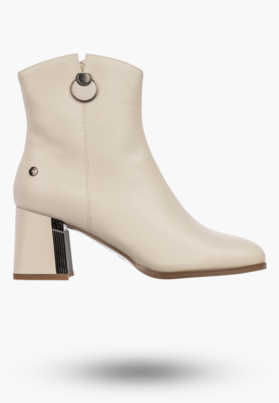 Botki Damskie Skórzane Buty Na Klocku Ocieplane Eleganckie Beż Maciejka