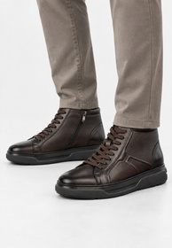 Trzewiki Skórzane Męskie Buty Sneakersy Wysokie PREMIUM SOLE Kawowe