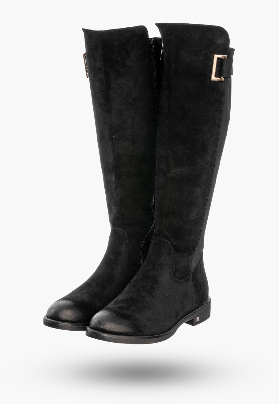 Buty Damskie Kozaki Na Płaskim Obcasie Na Zimę Czarne POTOCKI 23-12252BK