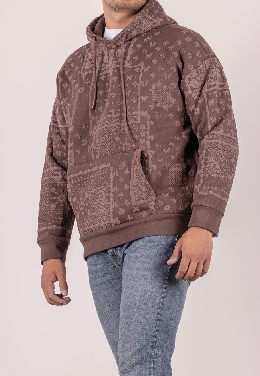Bluza męska oversize ocieplana z kapturem paisley brązowa