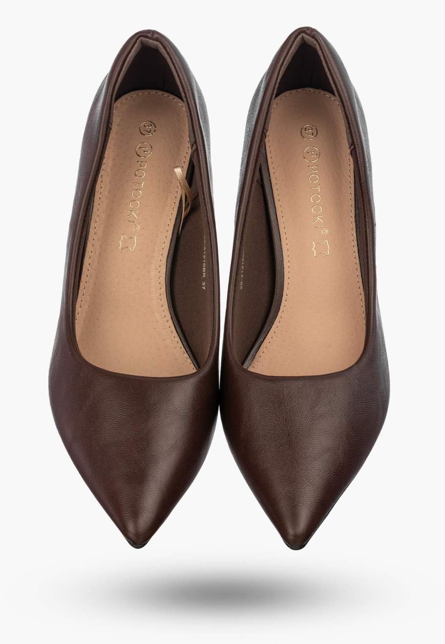 Szpilki Damskie Ekoskóra Eleganckie Buty Na Obcasie Klasyczne Brązowe