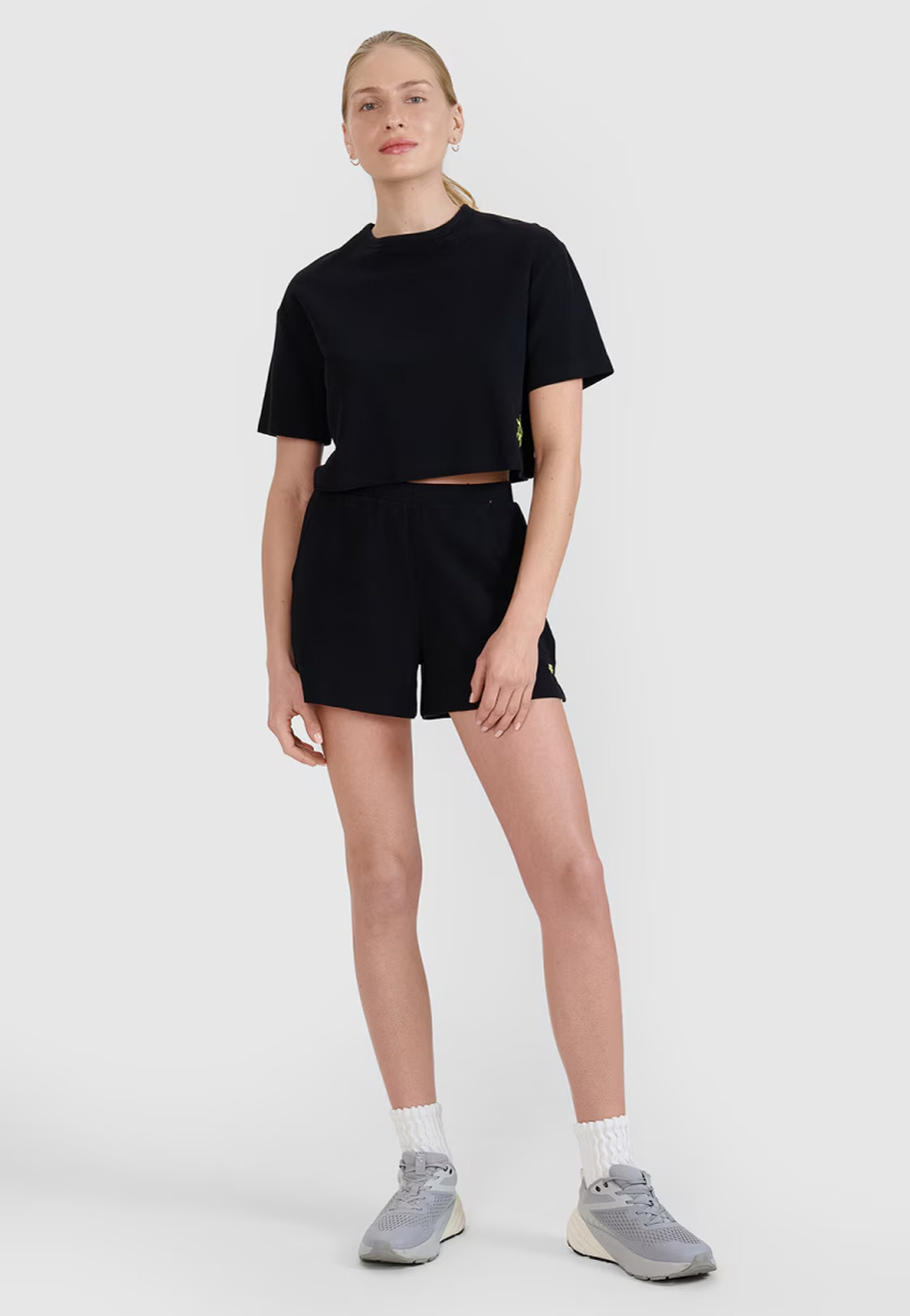 T-shirt Damski 4F Crop-top Koszulka z waflowej dzianiny Czarna Crop-top 4FWSS25TTSHF1977
