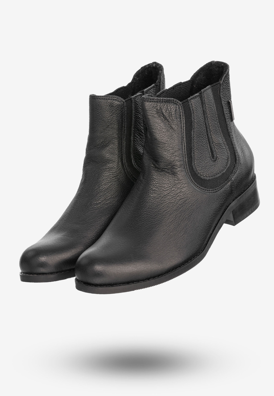 Buty Damskie Botki Ze Skóry Naturalnej Na Płaskim Obcasie Na Zimę Czarne 0139