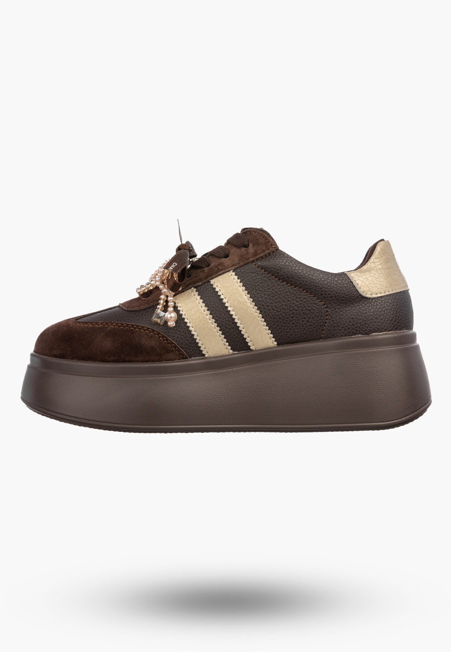Sneakersy Damskie Skórzane Półbuty Buty Na Platformie Brązowe D&A