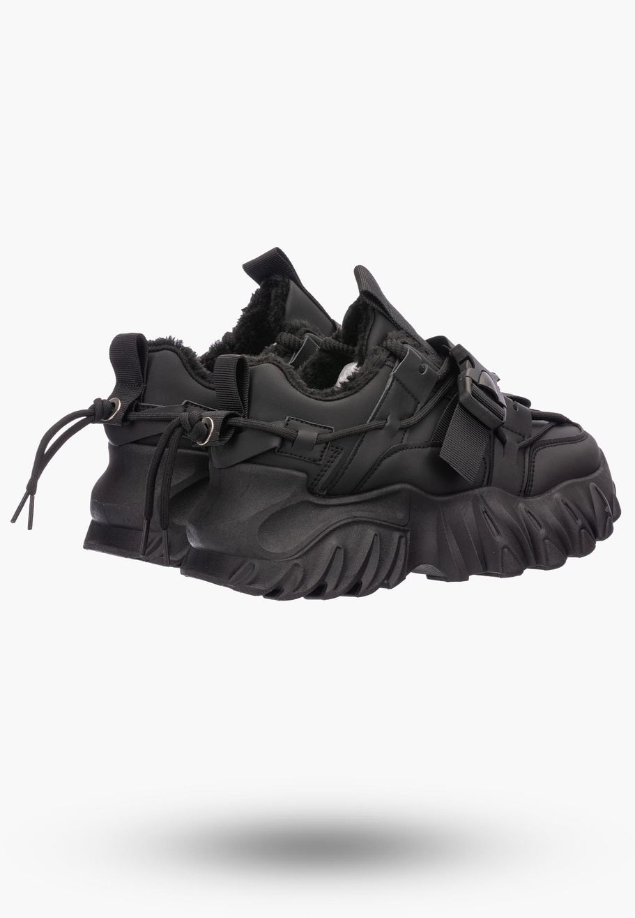 Buty Damskie Czarne Sneakersy na wysokiej podeszwie ocieplane 364