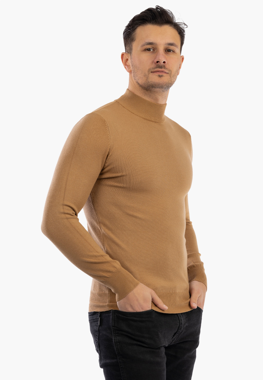 Sweter Męski Półgolf Elegancki Dopasowany Klasyczny Camel