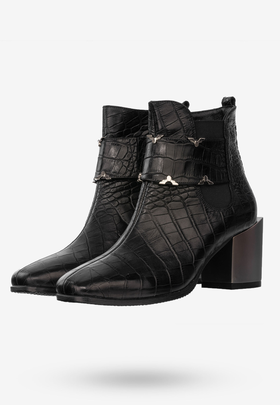 Buty Damskie Botki Skórzane Na Klocku Na Zimę Ocieplane Czarne 610