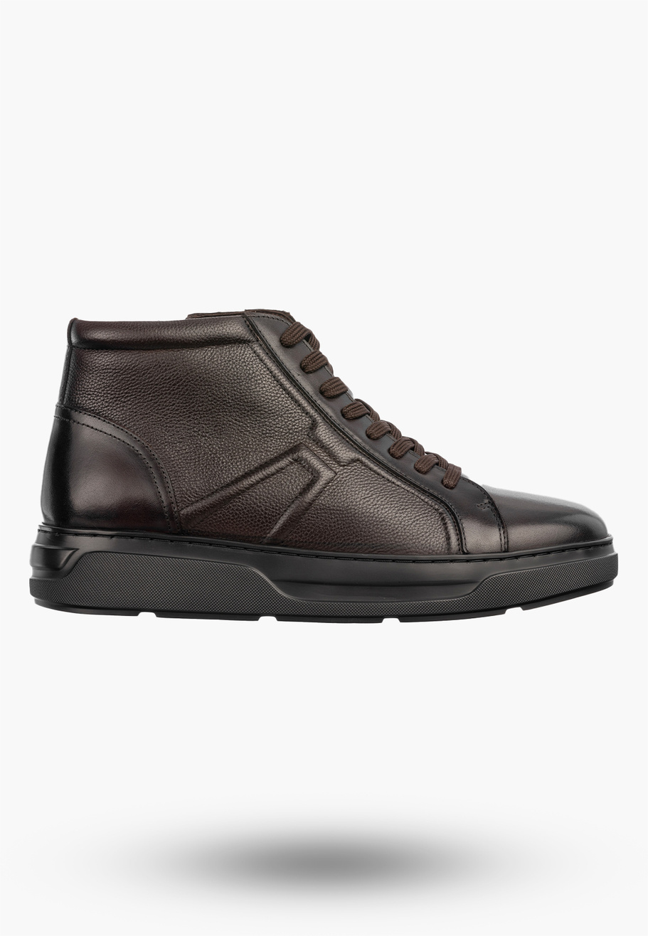 Trzewiki Skórzane Męskie Buty Sneakersy Wysokie PREMIUM SOLE Kawowe